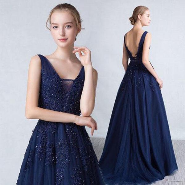 Charming Sexy Women Dress A-Line V-Neck Sleeveless Elegant Embroidery Long Prom Dress Evening Dress