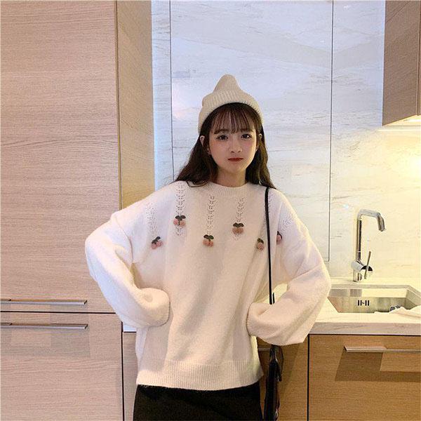 Autumn and Winter Sweater Women Loose Sweet Three-dimensional Cherry Pullover Student Long-sleeved Sweater Outer Wear Sweater