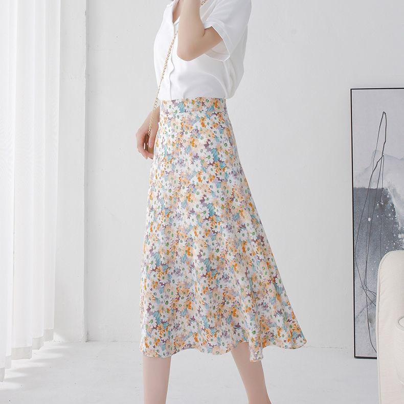Women Summer Vintage Chiffon Floral Print High Waist Slim Versatile Elastic Waist A-line Holiday Long Skirt