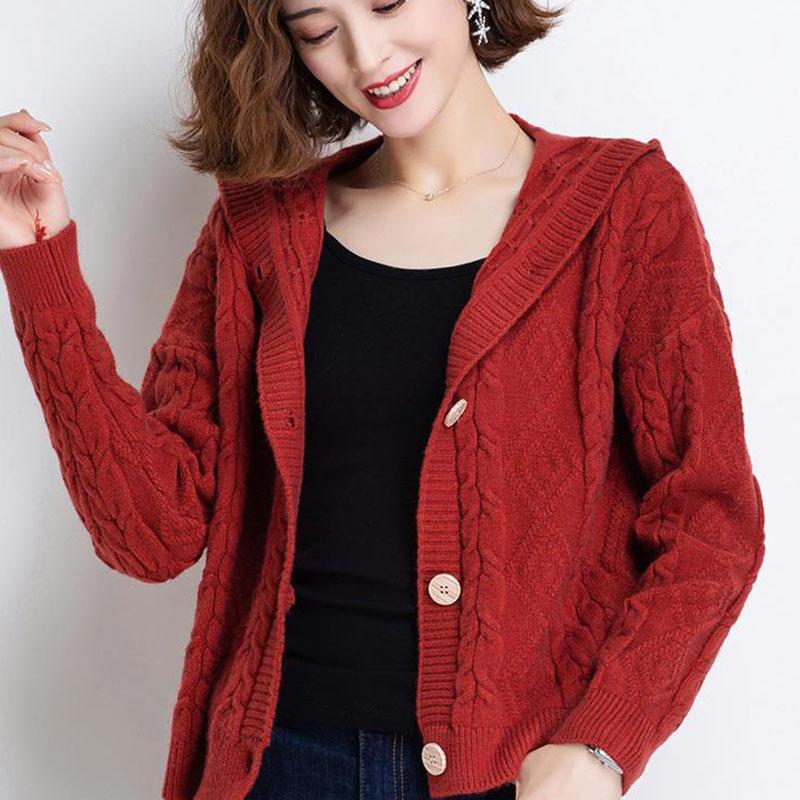 Autumn and Winter Knitted Hoodie Cardigan Short Loose Top Simple Solid Color Female Jacket