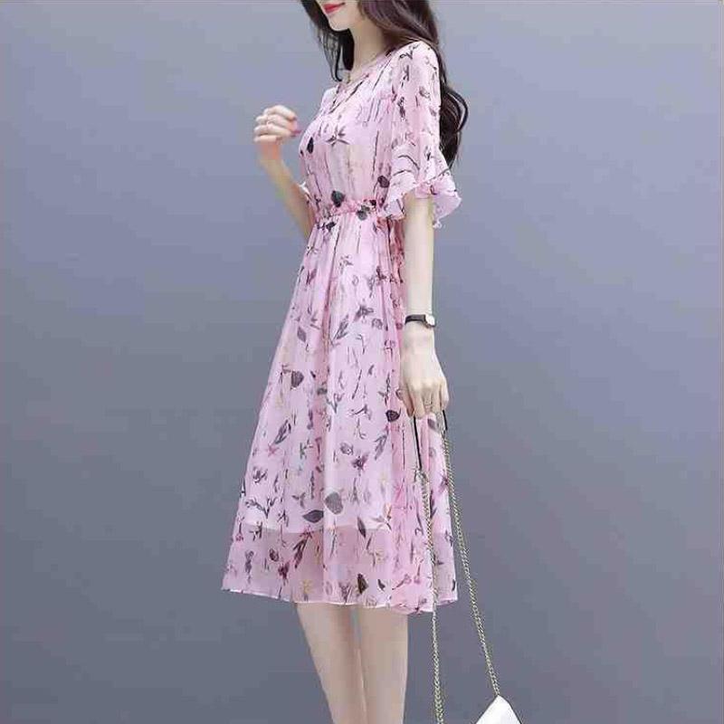 Women Spring Flower Print Dress V Neck Casual Three Quarter Sleeve Ruffles Split Dress Female Elegant A Line Party