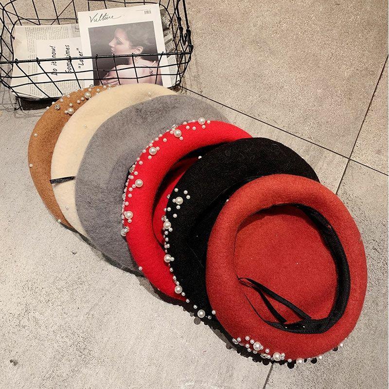 Women's Wool Beret Autumn Casual Pearl Rivet Solid Color Beret