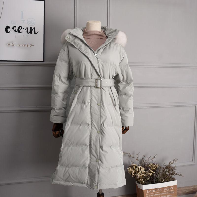 White Duck Down Long Knee-waisted Fluffy Big Fur Collar Hooded Down Jacket Women's Winter Warmth Long Cotton Jacket Parker Jacket