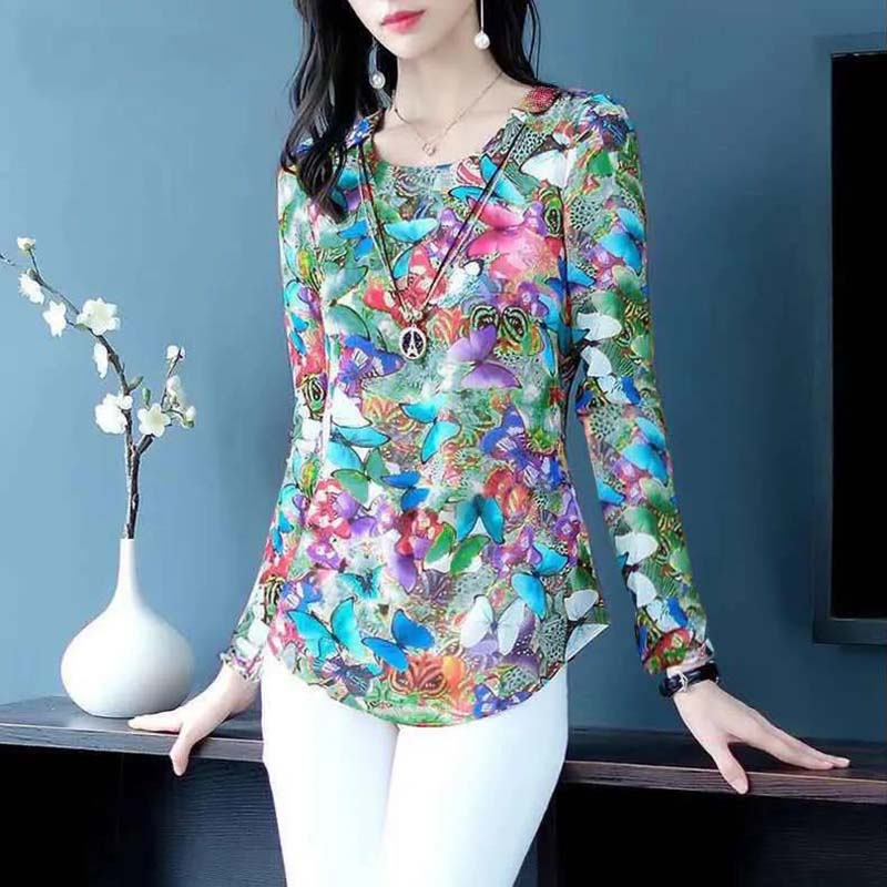 Spring and Autumn Mother Long-sleeved T-shirt Women's Floral Loose Top Bottoming Shirt Women