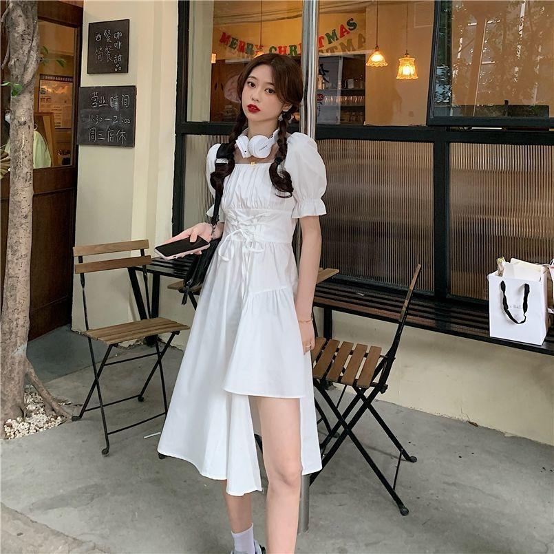 Women's Summer Simple Elegant Slim Minority Irregular Bubble Sleeve Solid Color Dress
