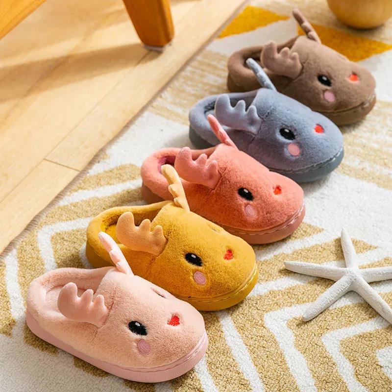 Autumn and Winter Cotton Slippers Children’s Cute Antler Slippers Non-slip Warm and Comfortable