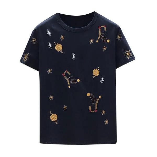 Cartoon Star Planet embroidery T-Shirt Solid Cotton Tee Female Casual Short Sleeves Tops