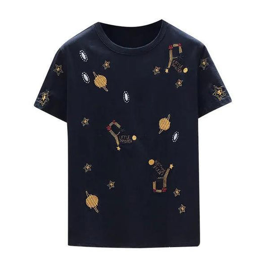 Cartoon Star Planet embroidery T-Shirt Solid Cotton Tee Female Casual Short Sleeves Tops