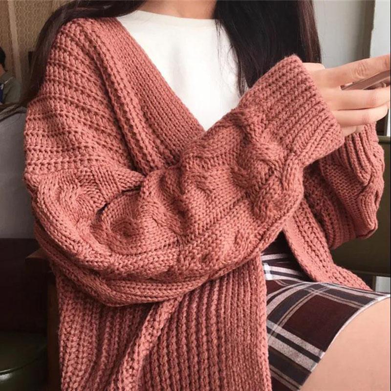 Women's Autumn and Winter Sweater Cardigan Chic Korean Loose Long-sleeved Twist Knit Solid Color Sweater
