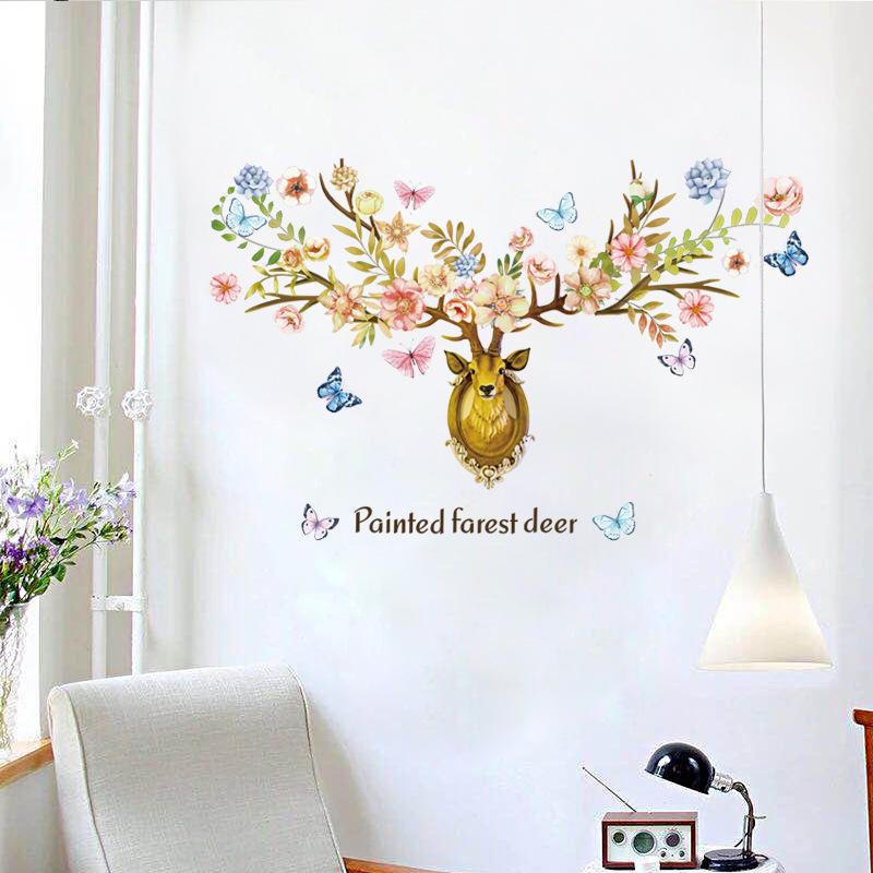 Yellow Butterfly Sika Deer Nordic Background Decoration Removable Wall Sticker fast deer wallpaper