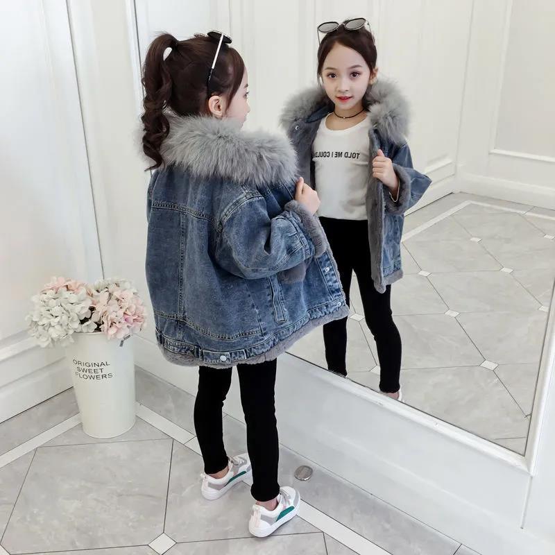 Girls Denim Warm Coat Winter Korean Children's Winter Clothes Fleece Padded Windproof Jacket