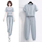 Sports Suit Women's Summer Casual Solid Color Short-sleeved Short Loose T-shirt Waist Nine-point Pants Two-piece Set