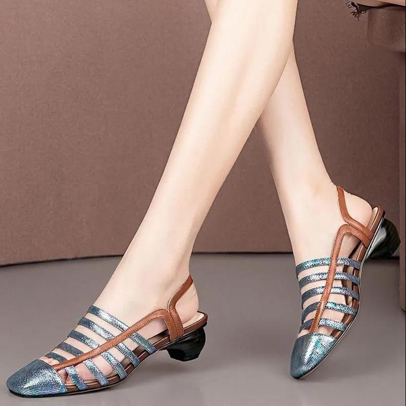 Baotou Sandals Women's Thick and Summer Low-heeled Single Shoes Hollow Color Matching Large Size Women's Shoes