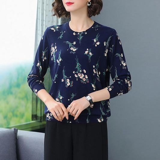 Vintage Floral Jumper Women Loose Sweater O-neck Printed Woolen Sweater Top Plus Size Knitwear