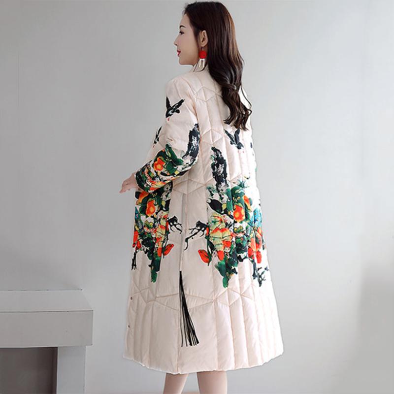Solid Color Printed Stand-collar Down Jacket Warm Stand-collar Quilted Jacket Women's Long Down Jacket Women's Winter Retro Padded Down Jacket
