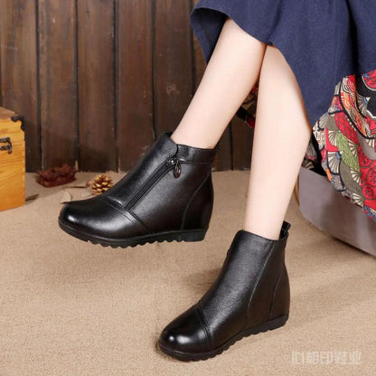 Soft Leather Non-slip Autumn and Winter Plus Velvet Side Zipper Cotton Boots Women Lace-up Ankle Boots