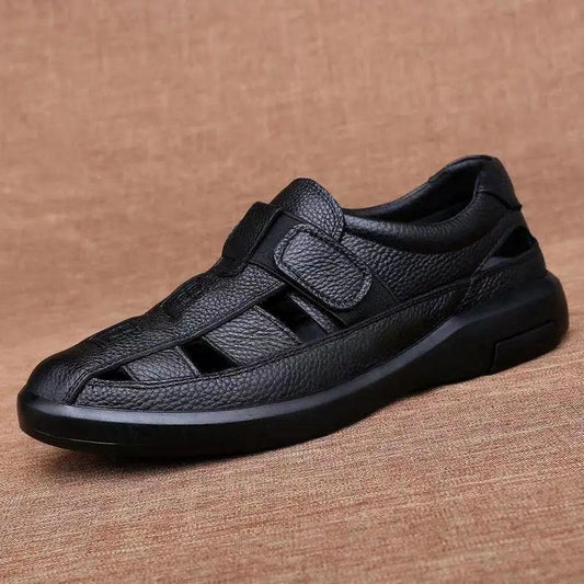 Summer Men's Sandals All-match Soft Bottom Soft Leather Non-slip Breathable Toe Cap Roman Sandals Hollow Velcro Sandals