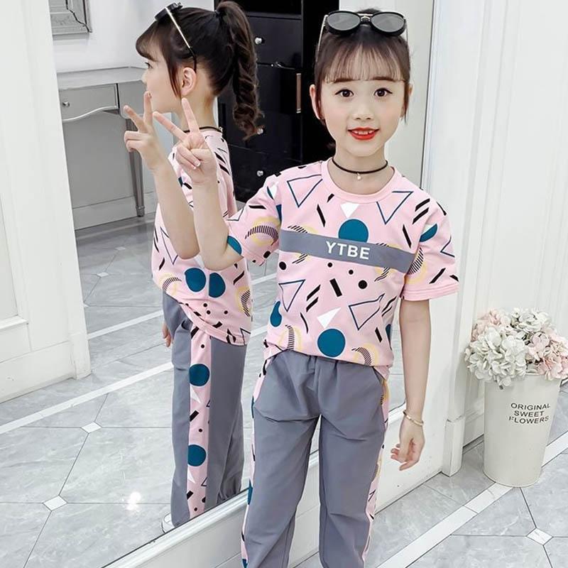 Girls Suit Summer Sports Leisure Loose and Breathable Children's Clothing Girl Short-sleeved Trousers Letter Printing All-match Two-piece Set