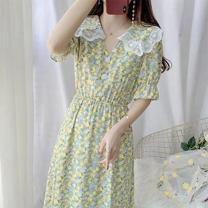 Women's Summer Sweet Short Sleeve Long Floral Dress Doll Collar Thin A-line Skirt