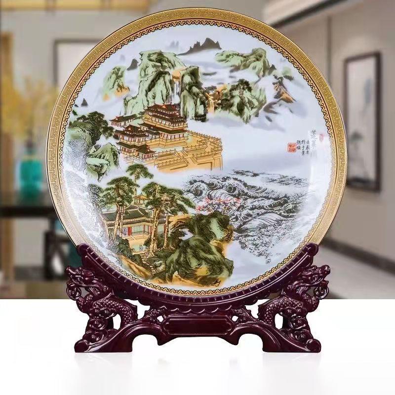 26cm Autumn Mountain Creek Famille Rose Porcelain Plate Chinese Traditional Ornaments Antique Cultural Relics Ornaments