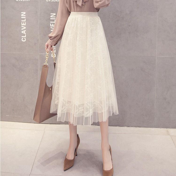 Three Layers Yarn Skirt Woman's Mid-length Elastic Waist Printed Lace High Waist A-line Skirt Pleated Skirt Tender Sexy