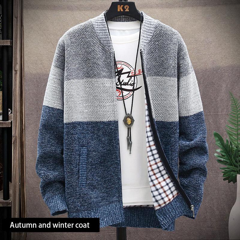 Men's Fashion Trend Knit Sweater Cardigan Autumn and Winter Men's Jacket Plus Velvet Padded Stand Collar Sweater Jacket