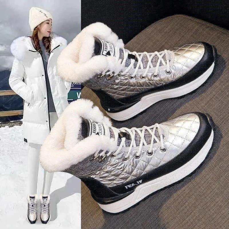 Leather Snow Boots Woman Autumn and Winter Plus Velvet Thick Cotton Casual High-top Shoes Non-slip Martin Boots