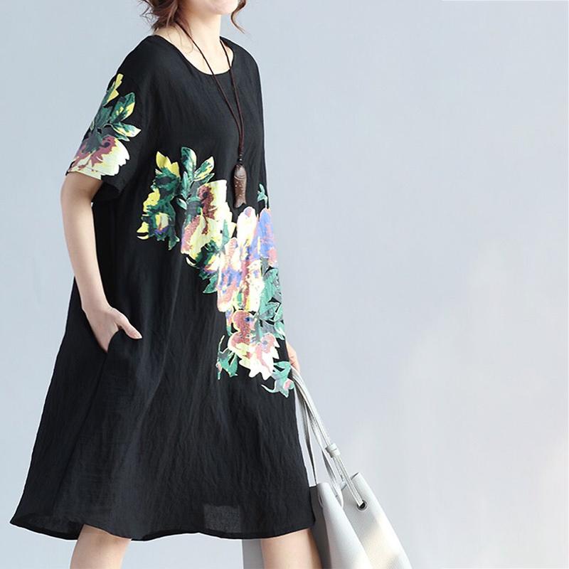 WTEMPO Plus Size Ladies Dress Summer Short Sleeve Round Neck Casual Knee-length Dress