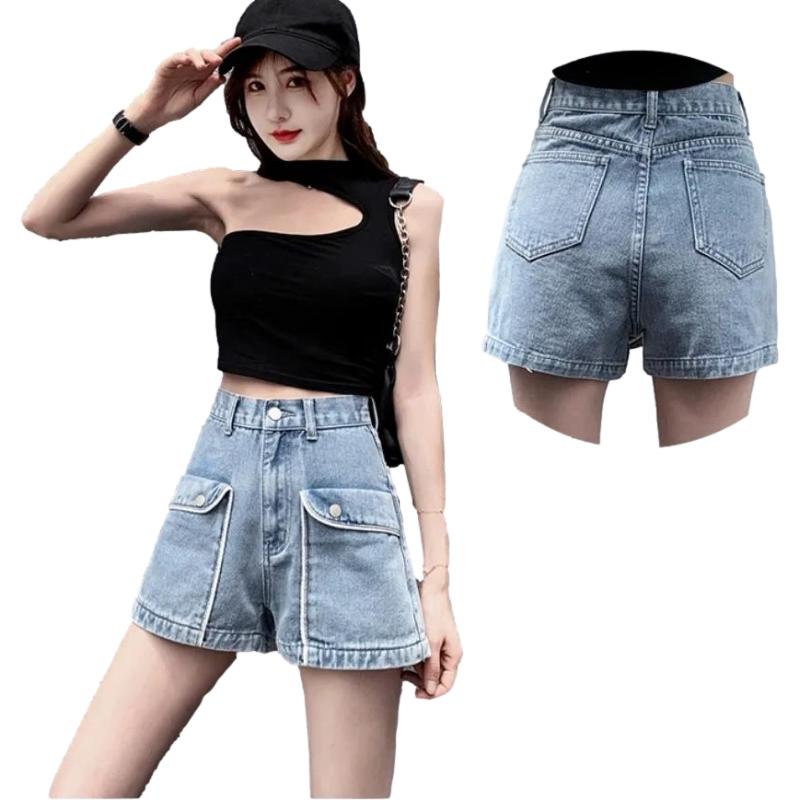 WTEMPO Big Pocket High Waist Denim Shorts Women Loose Spring and Summer Wide Leg A-line Casual Shorts