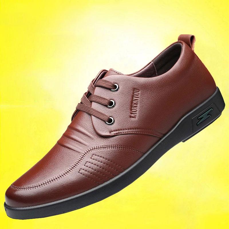 Men's Spring and Autumn Business Leather Shoes Real Cowhide Round Toe Breathable Dad Shoes Husband Casual Shoes Korean Men's Lace-up Shoes