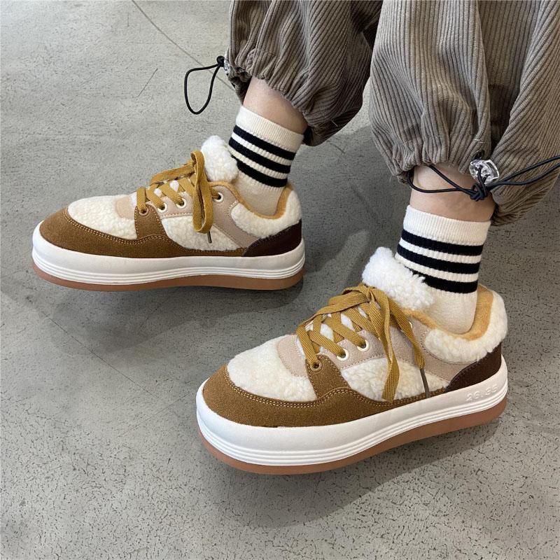 Plus Velvet Warm White Shoes Women's Winter Round Toe Thick-soled Flat Shoes All-match Cotton Shoes