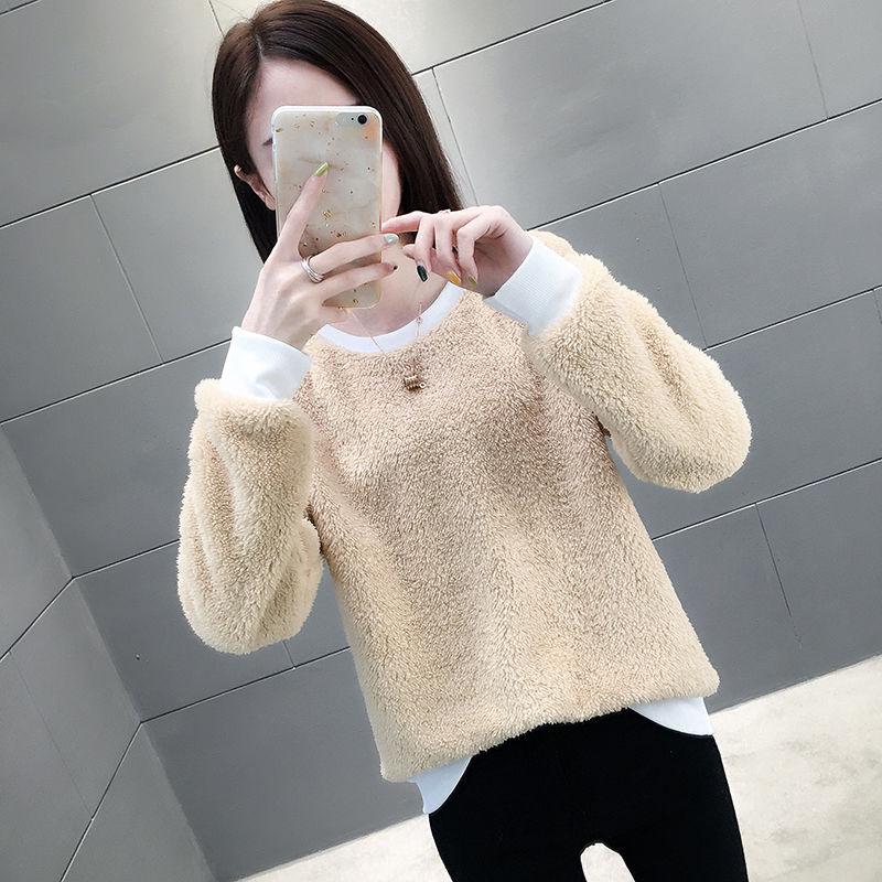 Pofulove Women's Winter Crew neck sweater long sleeve female  loose thick velvet Pullovers warm