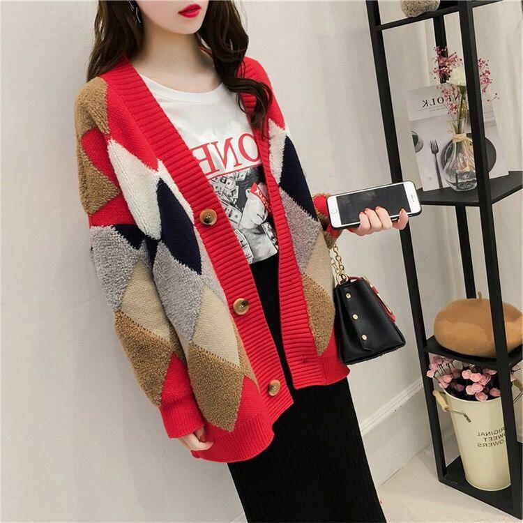 Women's Sweaters Autumn Winter Casual Plaid V-Neck Cardigans Button Cardigans Puff Sleeve Loose Sweater Coat