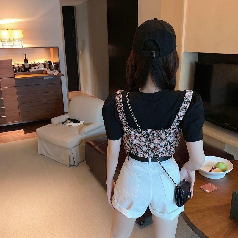 Summer Korean Version  The White Simple Short-sleeved T-shirt Plus Sweet Floral Sling Two-piece Jacket Women