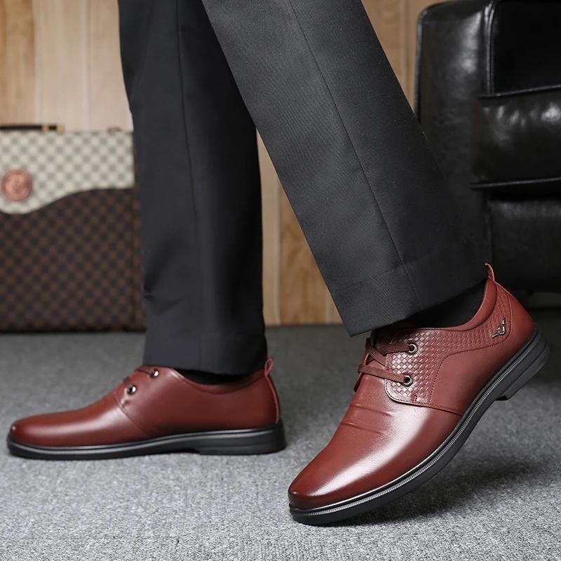 Men's Spring and Autumn Business Leather Shoes Real Cowhide Round Toe Breathable Dad Shoes Husband Casual Shoes Korean Men's Lace-up Shoes