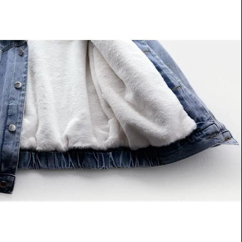 Women's Winter Korean Version of Blue-gray Denim Cotton Jacket with Big Fur Collar Plus Velvet Thick Warm Cotton Jacket