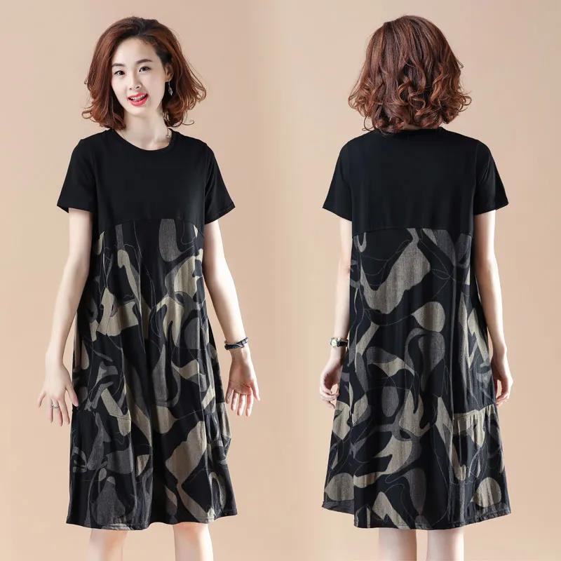 Large Size Women's Loose Belly Cover Stitching Mid-length Dress Round Neck Short-sleeved Straight Dress Printed Skirt Light and Breathable