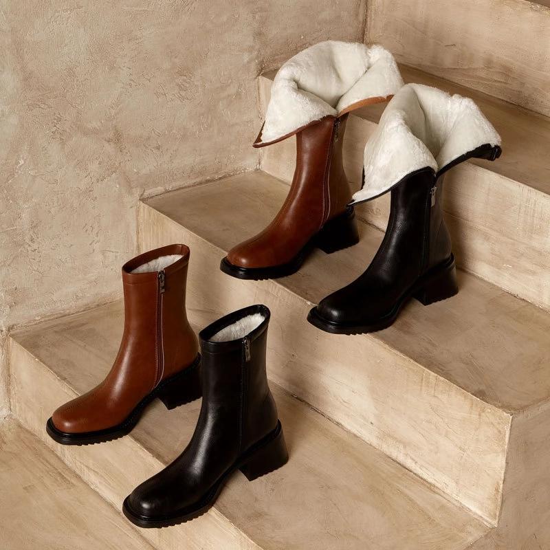 Vintage Women Boots Winter Shoes Knee High Riding Boots Leather Ankle Booties Black Brown Fur Warm Boots Fashion
