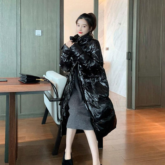Glossy Cotton Jacket Women's Stand-up Collar Over The Knee Long Loose and Thick Warm Quilted Jacket Coat Bread Winter Warm Jacket