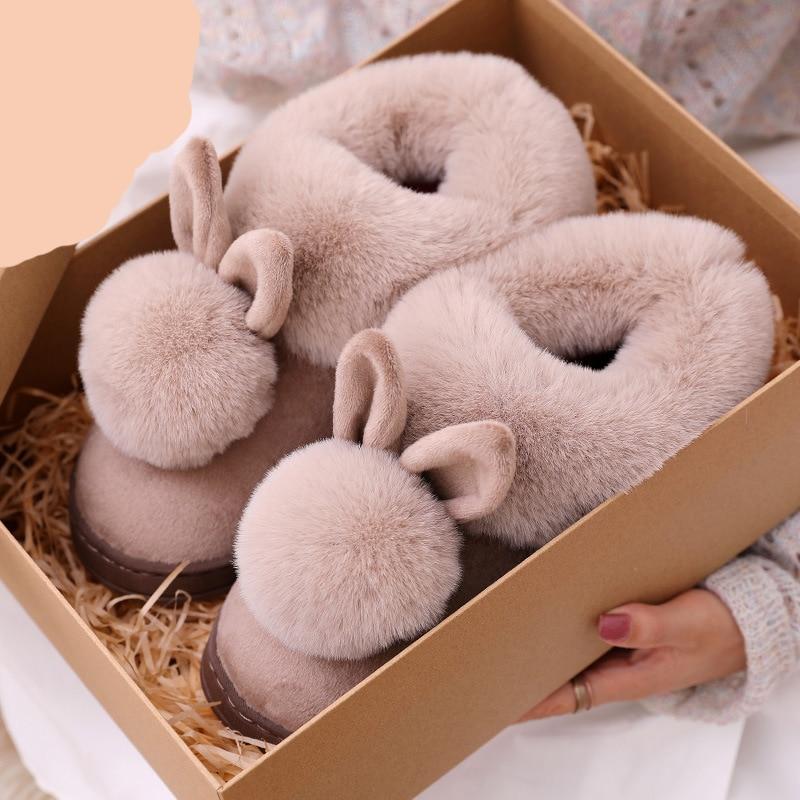 Women Unisex Winter Home Slippers Leather Waterproof Non Slip Slippers Plush Warm Indoor