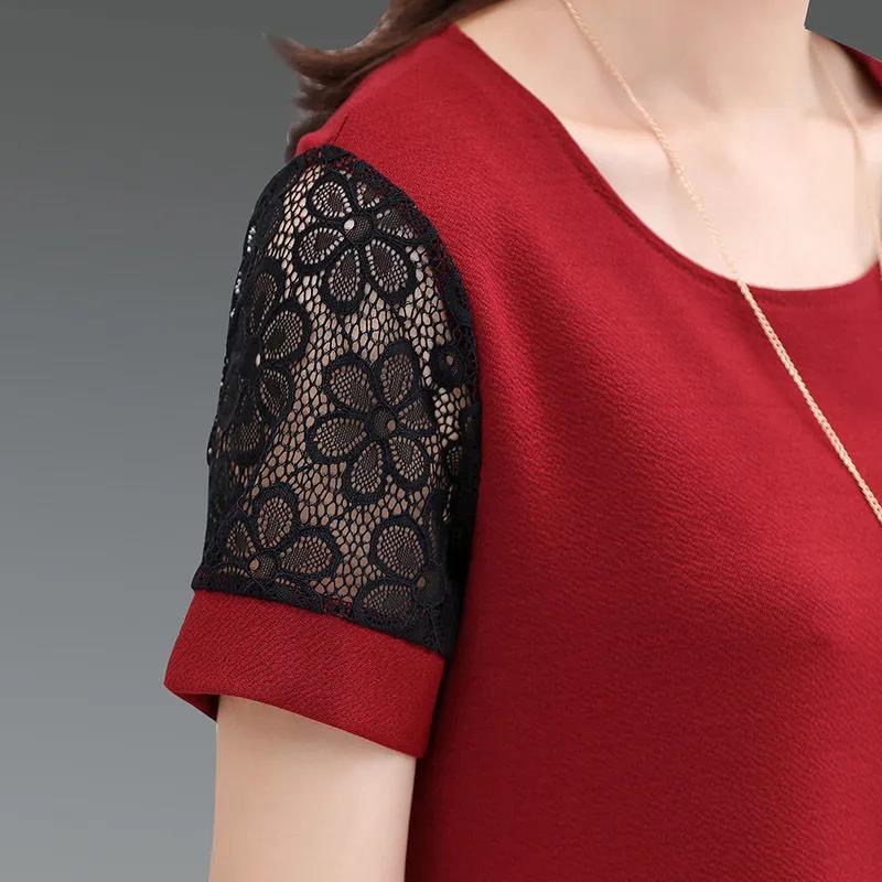 Women's Summer Chiffon Short Sleeve Mid Length Round Neck Large Size Loose T-Shirt