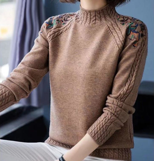 Autumn and Winter Women's Half Turtleneck Sweater Fashion Solid Color Embroidered Knit Sweater Loose Large Size Short Sweater