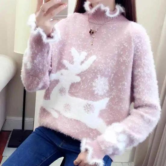 Women's Winter Loose Elk Sweater Female Large Size Temperament Sweater Half-high Lace Collar Christmas Knitted Pullover