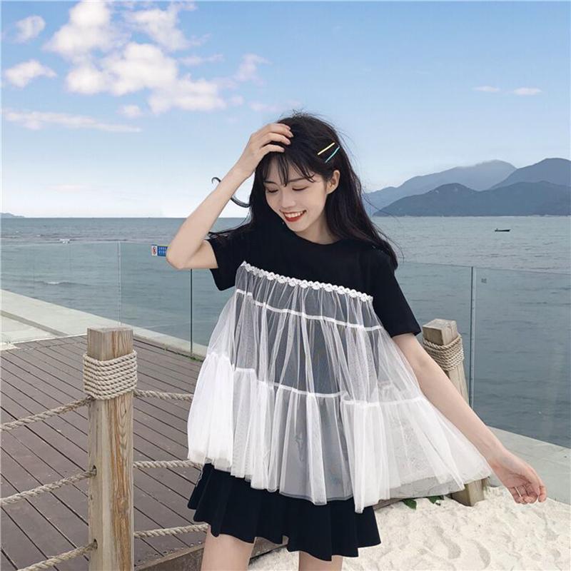 Short-sleeved Female Student Korean Loose T-shirt Summer Sweet Stitching Mesh T-shirt Round Neck Girlfriends Outfit