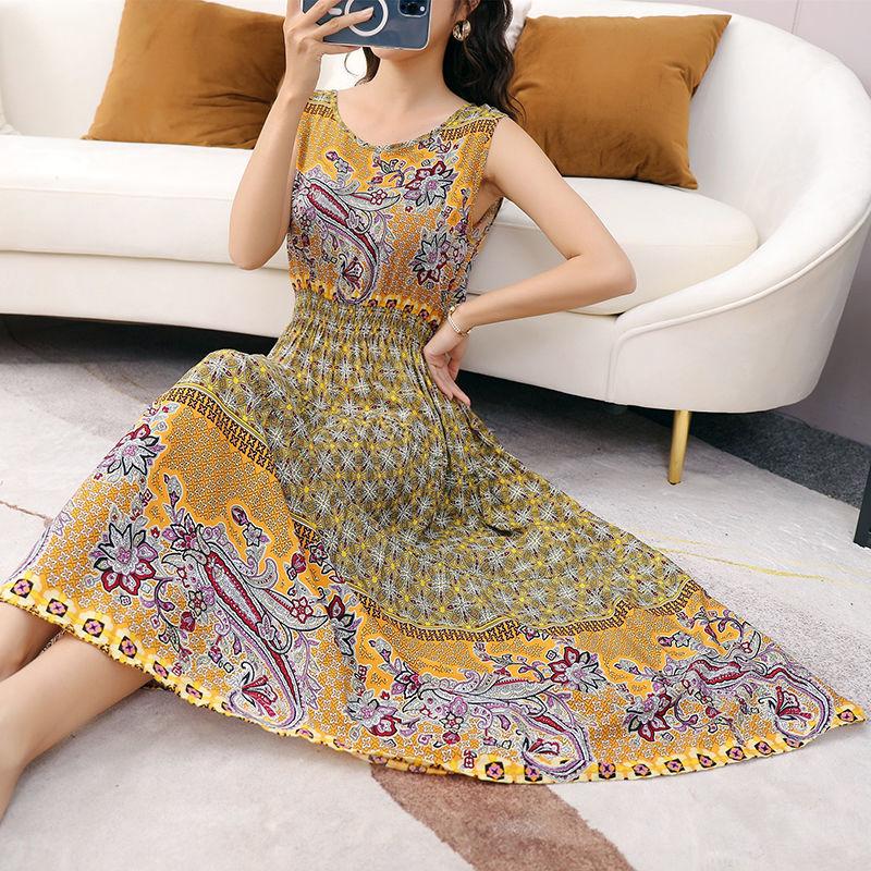 Women Ethnic Print Dress Summer Bohemia Round Neck  Sleeveless Cotton Silk Loose High Waist Vest Beach Skirt