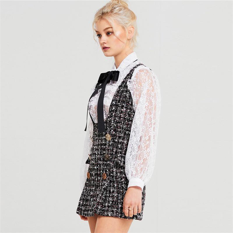 WTEMPO British Style Plaid Tweed Women Mini Dress Winter Sleevesless Double Button Elegant Ladies