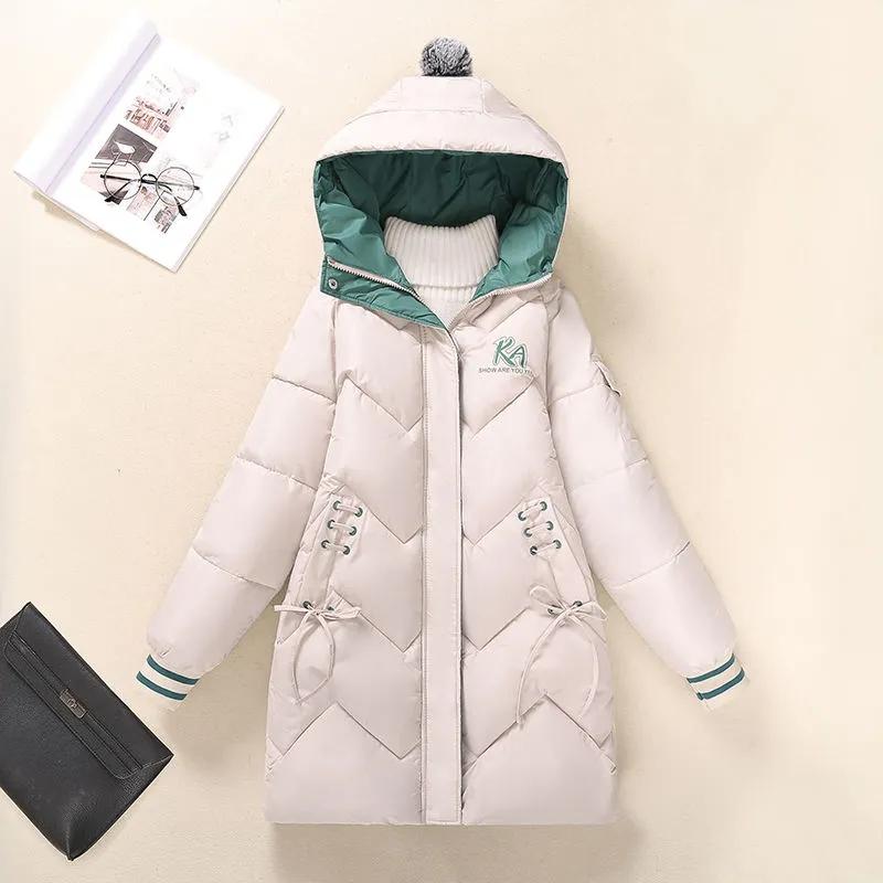 Women Winter Jacket for Teens Warm Parkas Outerwear Mid-length Down Coat Hood Girls Student Winter Thickning Coats Medium Long Padded Jacket M-3XL