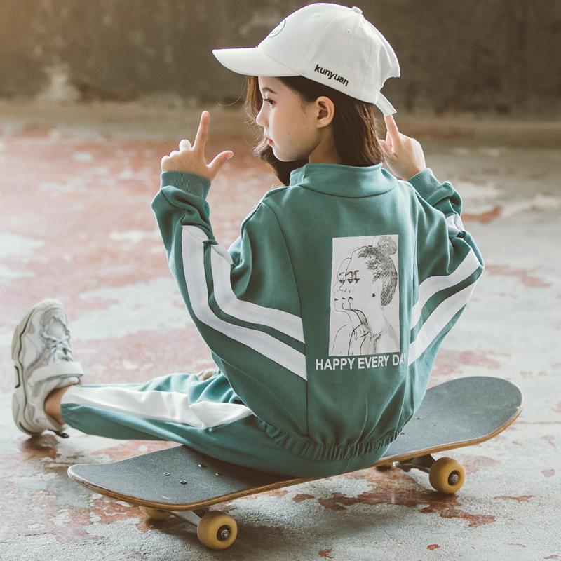 Girls Spring and Summer Sports Suits Long-sleeved Loose Casual Sportswear Girl Teenage Children's School Clothing