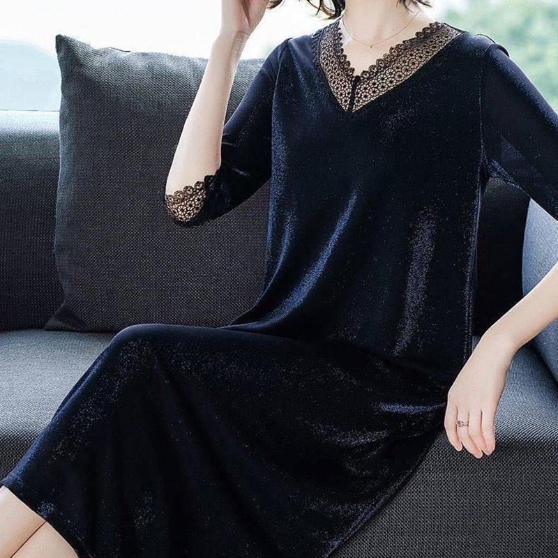 Plus Size Women's Stitching Lace Dress Spring and Summer Half Sleeve Long Skirt Daily Wear