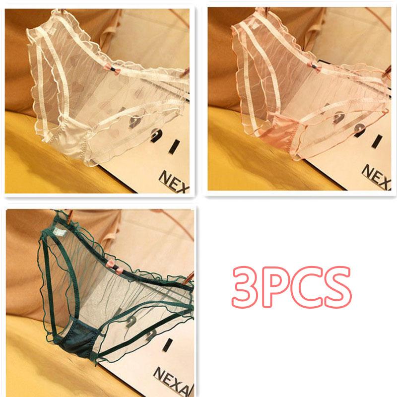 3PCS Japanese Sexy Girl Lace Panties Ultra-thin Transparent See-through Briefs Temptation Low-waisted Bottoms Mesh Hollow Out Underwear Shorts